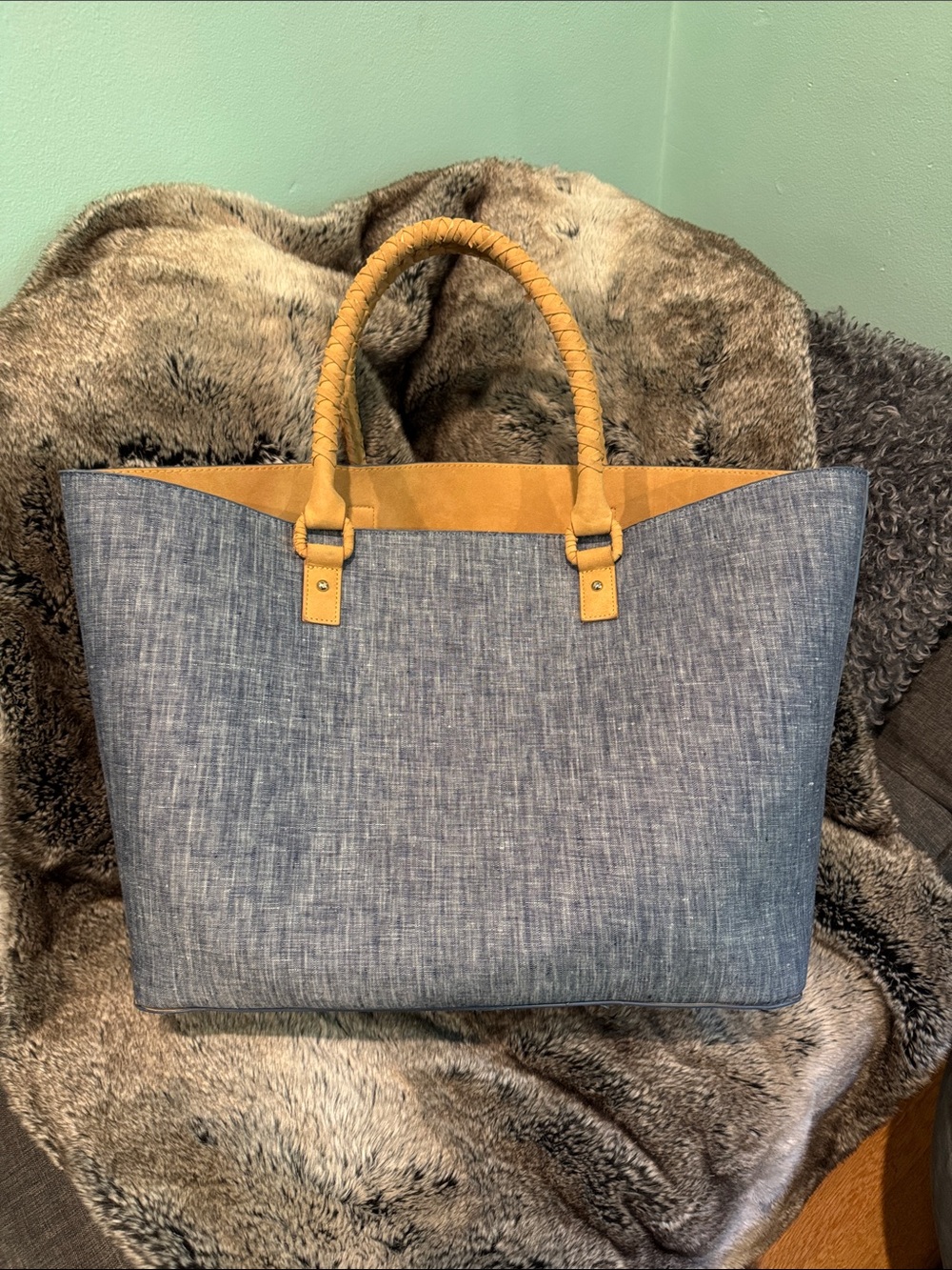 Denim-Style Tote Bag with Tan Leather Handles